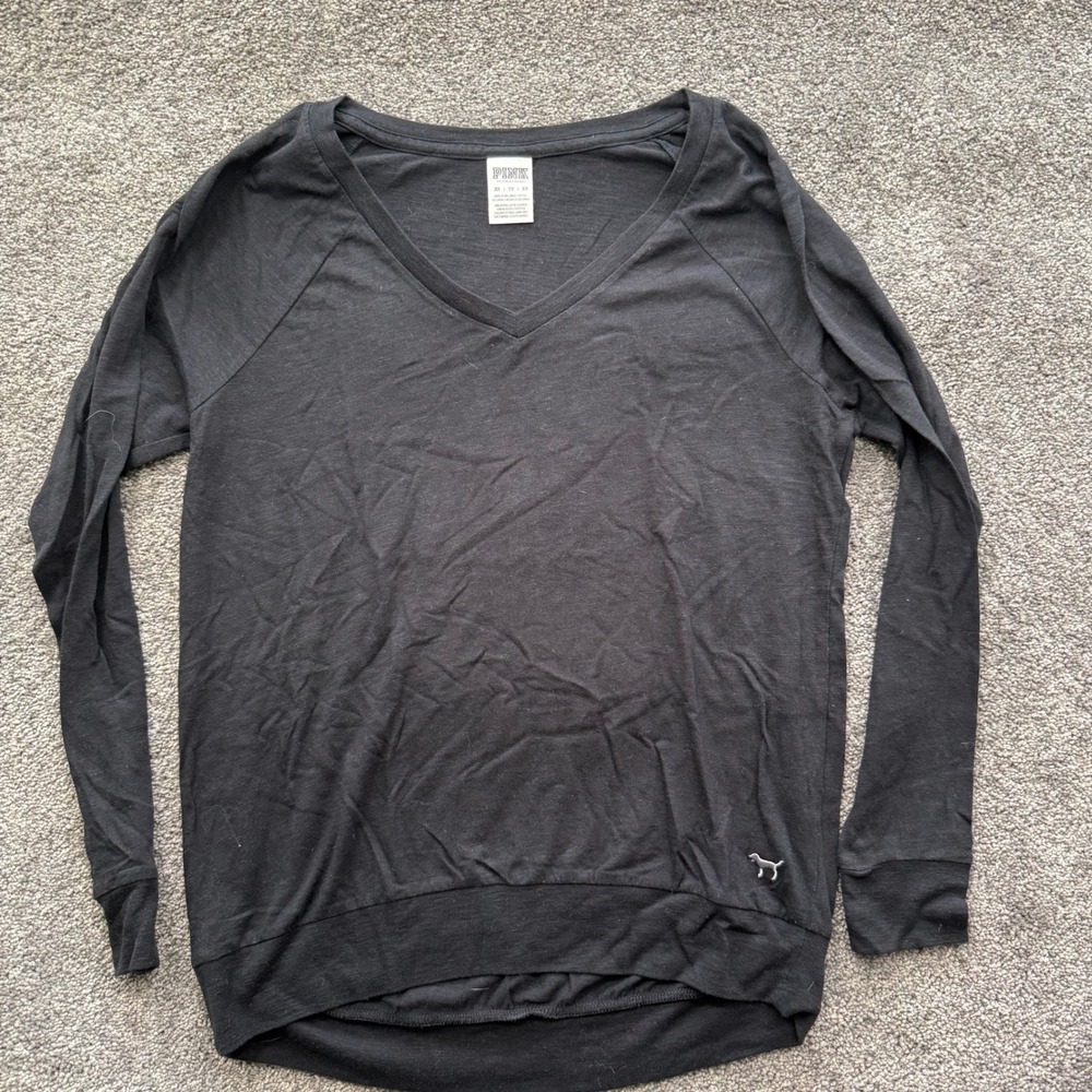 Victoria's Secret PINK Womens XS Black V-Neck Long Sleeve Raglan T-Shirt Logo
